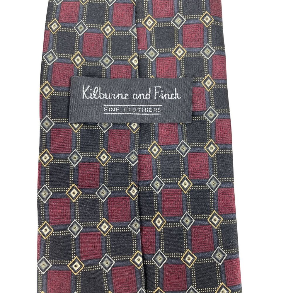 Kilburne & Finch Red & Black Geometric Print 100% Silk Mens Tie Necktie - Picture 4 of 6